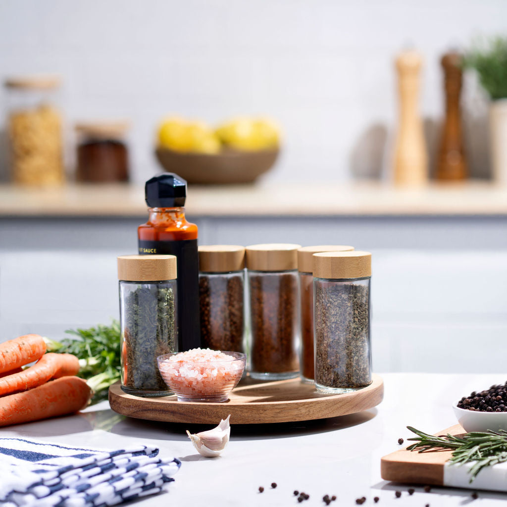 9" Acacia Wood Lazy Susan Revolution Turnable w/Rim – Rotating Tabletop Organizer for Spices, Kitchen, Counter or Pantry, 360° Turnable, Rustic Look