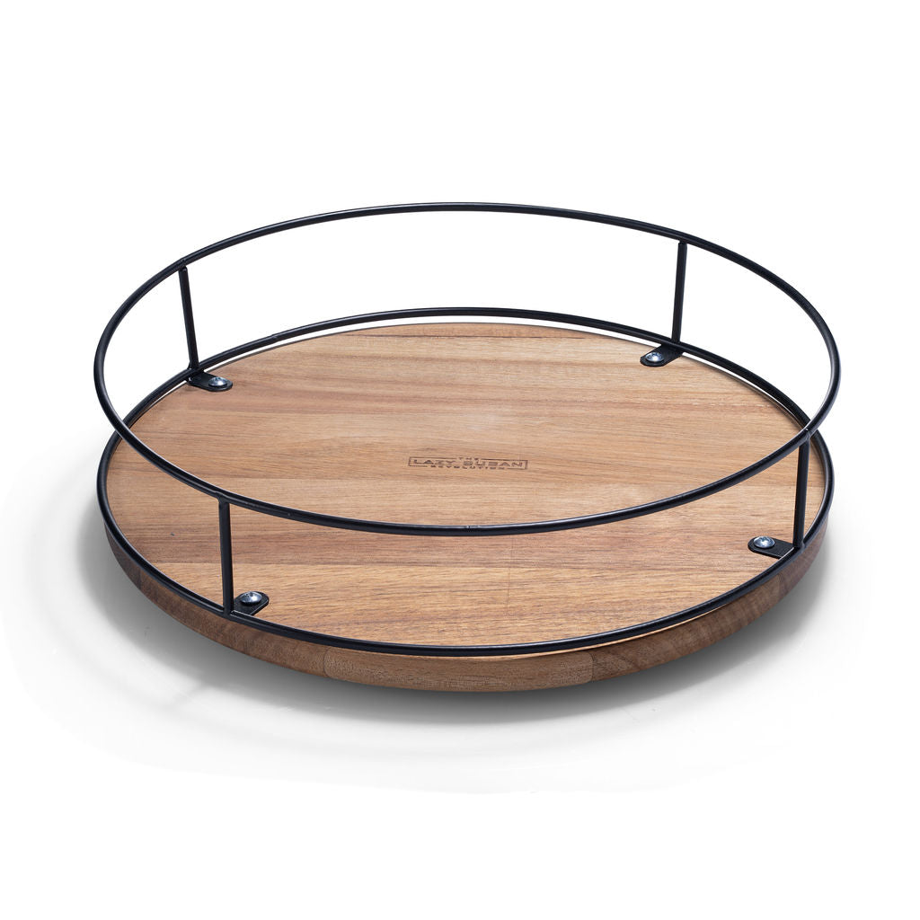 12" Acacia Wood Lazy Susan Revolution Turnable w/Black Wire – Rotating Kitchen Organizer for Table, Pantry, or Cabinet, Rustic Wood Finish, 360° Spin