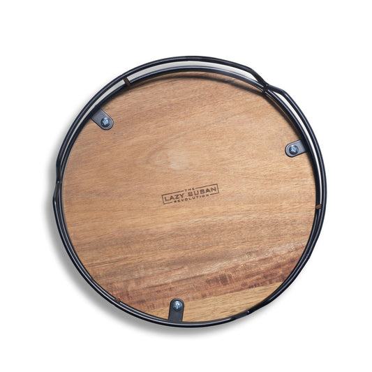 9" Acacia Wood Lazy Susan Revolution Turnable w/Black Wire – Rotating Kitchen Organizer for Table, Pantry, or Cabinet, Rustic Wood Finish, 360° Spin