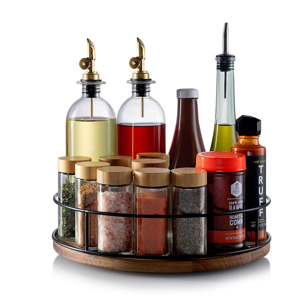 12" Acacia Wood Lazy Susan Revolution Turnable w/Black Wire – Rotating Kitchen Organizer for Table, Pantry, or Cabinet, Rustic Wood Finish, 360° Spin