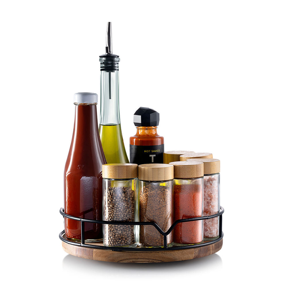 9" Acacia Wood Lazy Susan Revolution Turnable w/Black Wire – Rotating Kitchen Organizer for Table, Pantry, or Cabinet, Rustic Wood Finish, 360° Spin