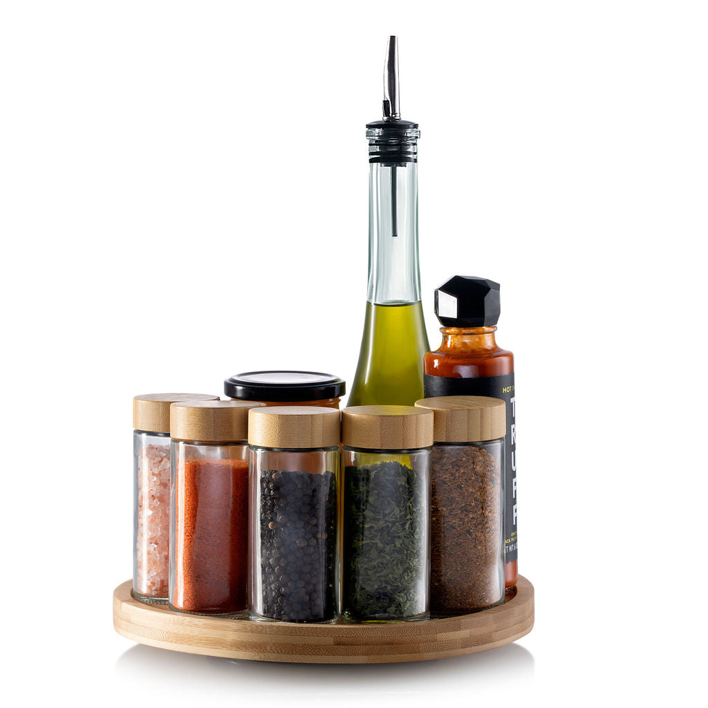 9" Bamboo Lazy Susan Revolution Turnable w/Rim – Rotating Bamboo Organizer Tray for Kitchen, Spices, Table, or Bathroom, Non-Slip, 360° Turnable