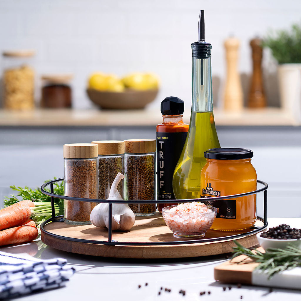 12" Acacia Wood Lazy Susan Revolution Turnable w/Black Wire – Rotating Kitchen Organizer for Table, Pantry, or Cabinet, Rustic Wood Finish, 360° Spin